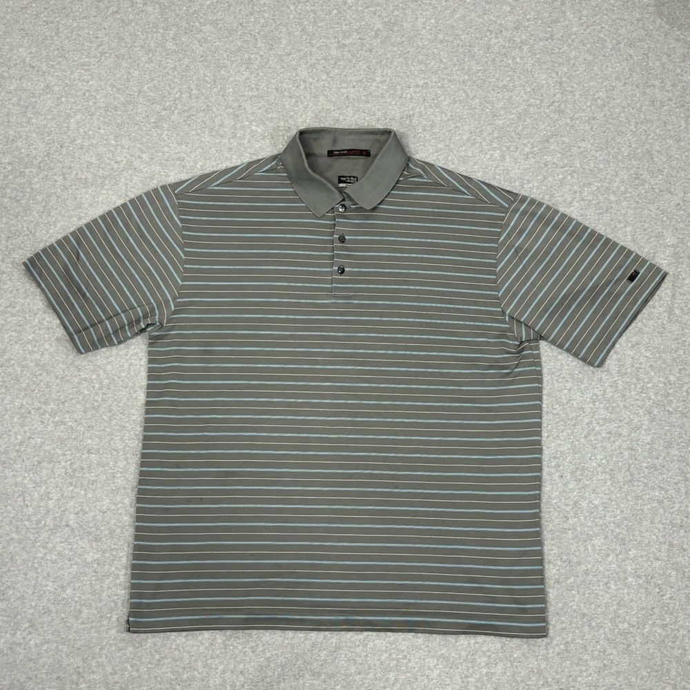 Nike Tiger Woods Mens Polo Shirt Size Large‎ Green Gray Striped Short Sleeve Top